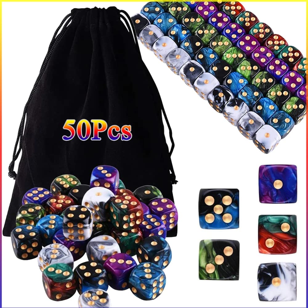 Jeu de dés à 6 faces, 16mm, 50/30/10 pièces, avec pips dorés, coins ronds, carrés, D6, fuchsia, pour