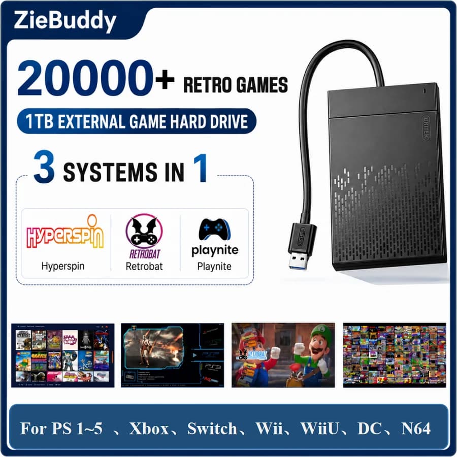Disque dur de jeu rétro 1 To, plus de 20 000 jeux rétro, interfaces RetroBat, Playnite et Hyperspin,