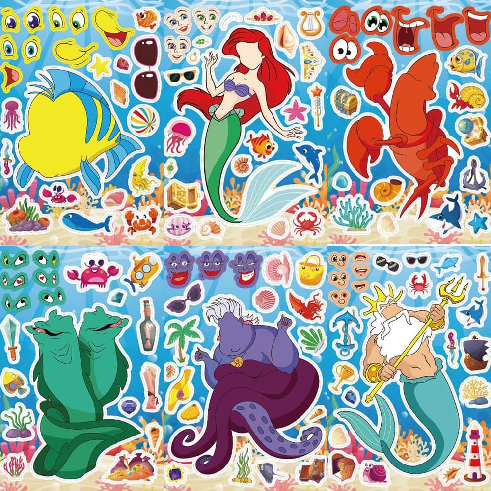 8/16 feuilles de stickers Disney La Petite Sirène pour créer vos propres visages, puzzle, scrapbooki