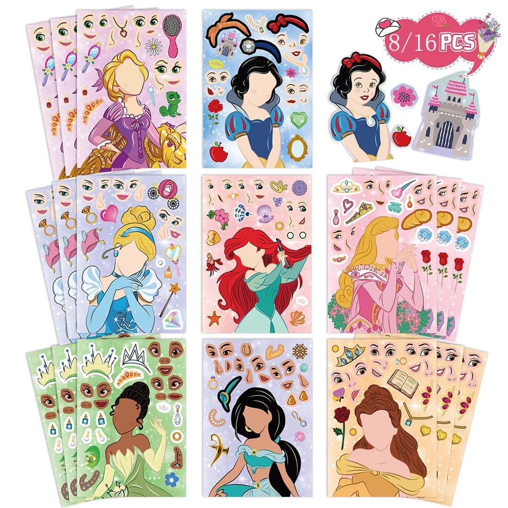 8/16 feuilles Disney princesse enfants Puzzle autocollants faire un visage drôle bricolage assembler