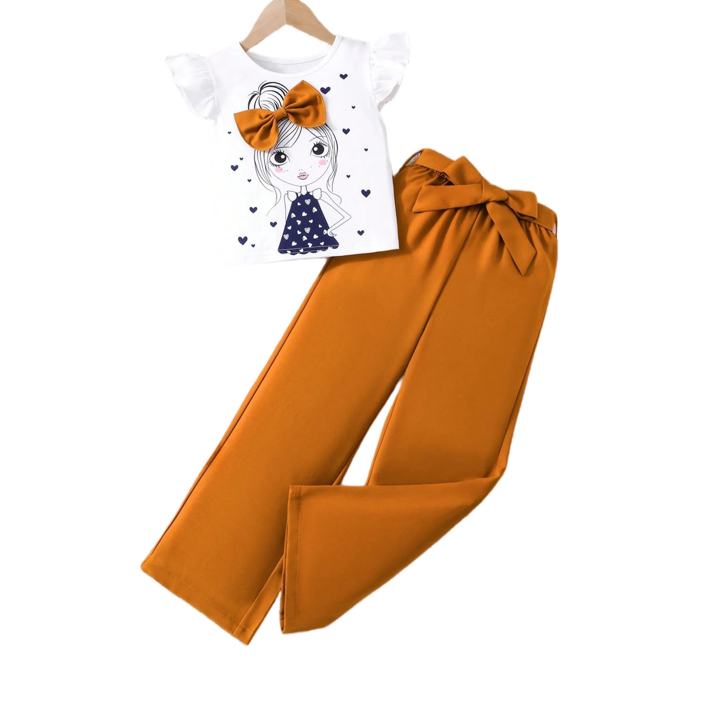 Ensemble de mode pour filles : T-shirt blanc imprimé dessin animé avec pantalon à nœud orange vif