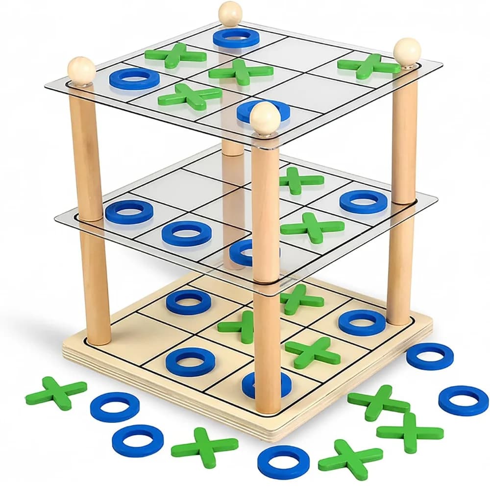 Jeu de société Tic Tac Toe 3D en bois ultime – Jeu de stratégie XO classique pour enfants et adultes
