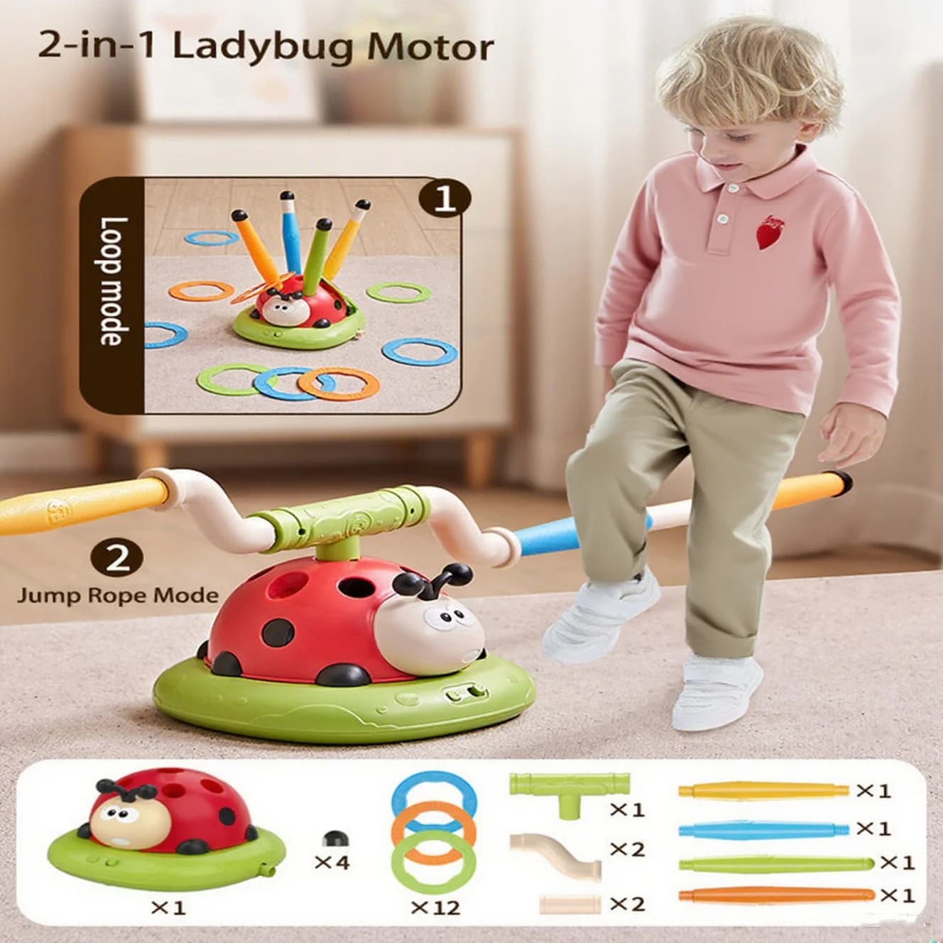 Jouet d'extérieur Ladybug 2/3/4/5-en-1, avec lanceur de fusées, musique et jeu de lancer d'anneaux, 