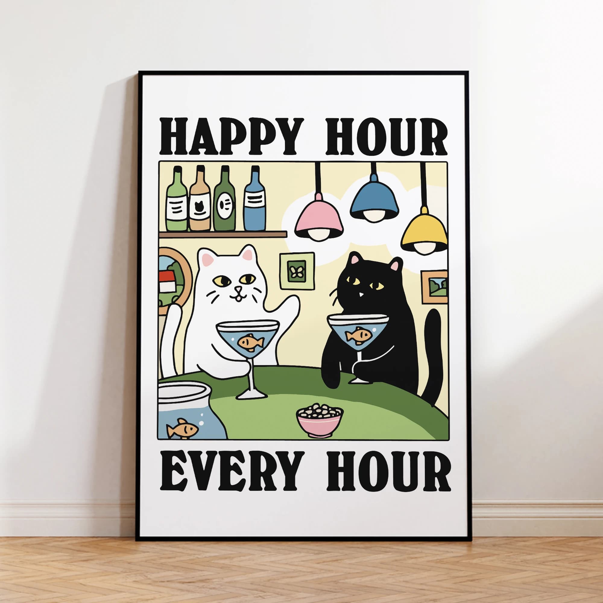 Happy Hour Every Hour – imprimés d'art mural de chat de dessin animé, peinture sur toile, affiche ph