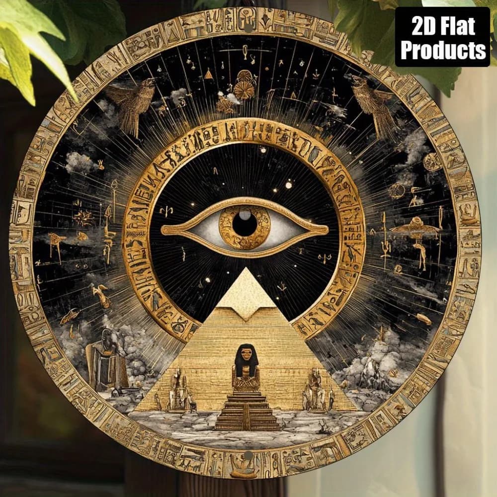 Plaque d'hiéroglyphes égyptiens vintage – Art métallique plat 2D 8x8 pouces, pyramide Oeil d'horus, 