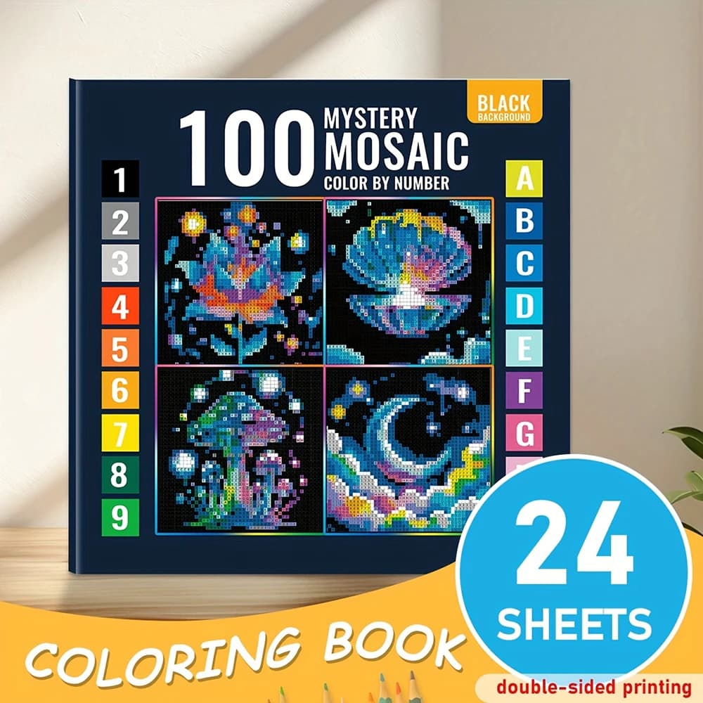 Livre de coloriage numérique en mosaïque, contenant des motifs de pixel art floraux, cosmiques et fa
