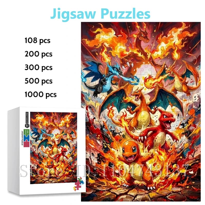 Puzzle d'évolution de Charizard et de Charmander pour adultes, puzzles en papier/bois sur le thème d