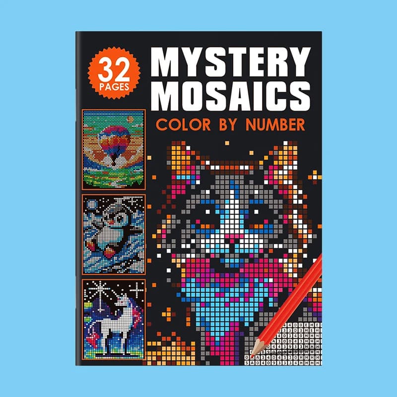 Livre de coloriage mystérieux de style pixel art, comprenant 32 pages de motifs d'animaux, de fleurs