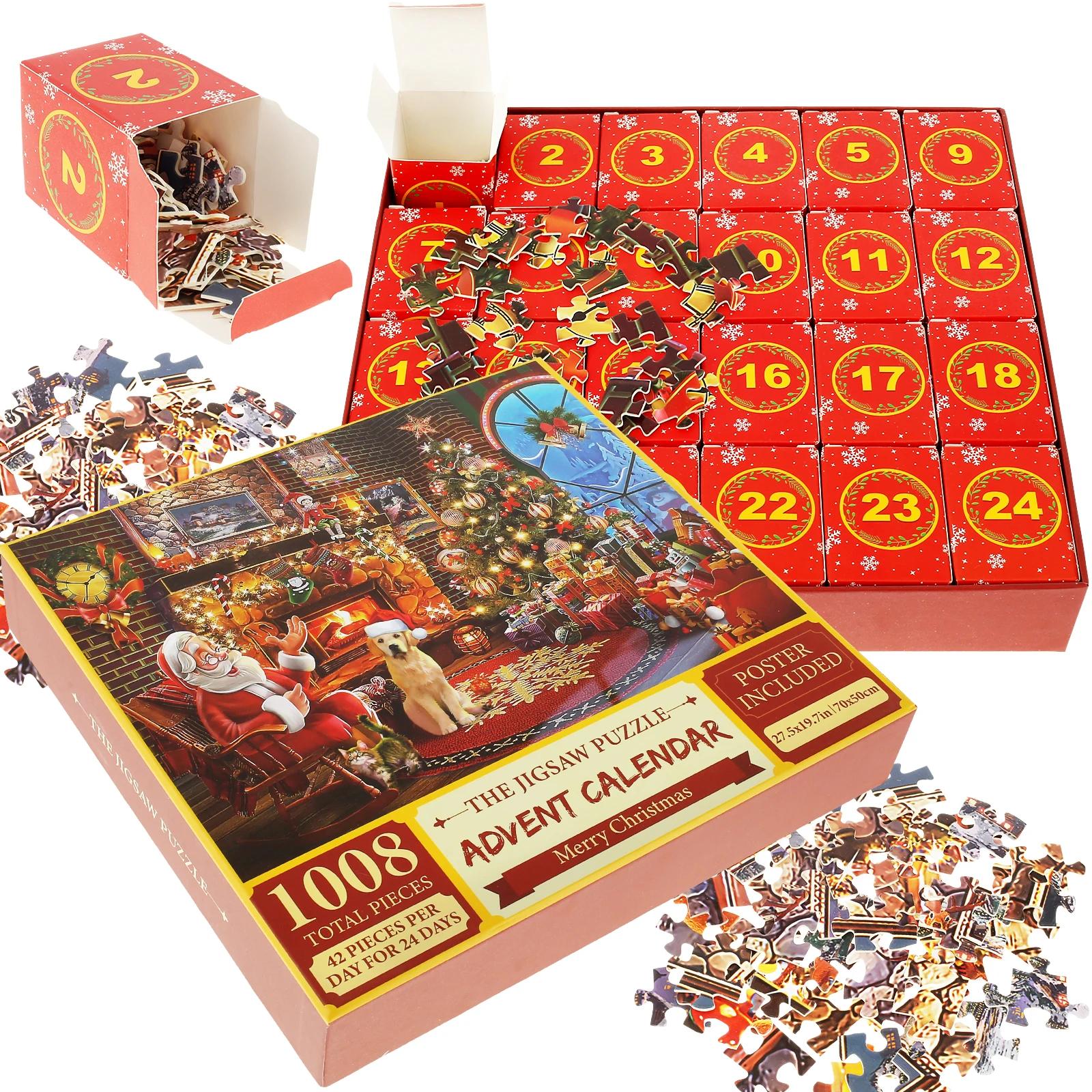 Calendrier de l'Avent de Noël Puzzles de Noël, Compte à Rebours, 1008 Pièces, 24 Boîtes, Cadeaux