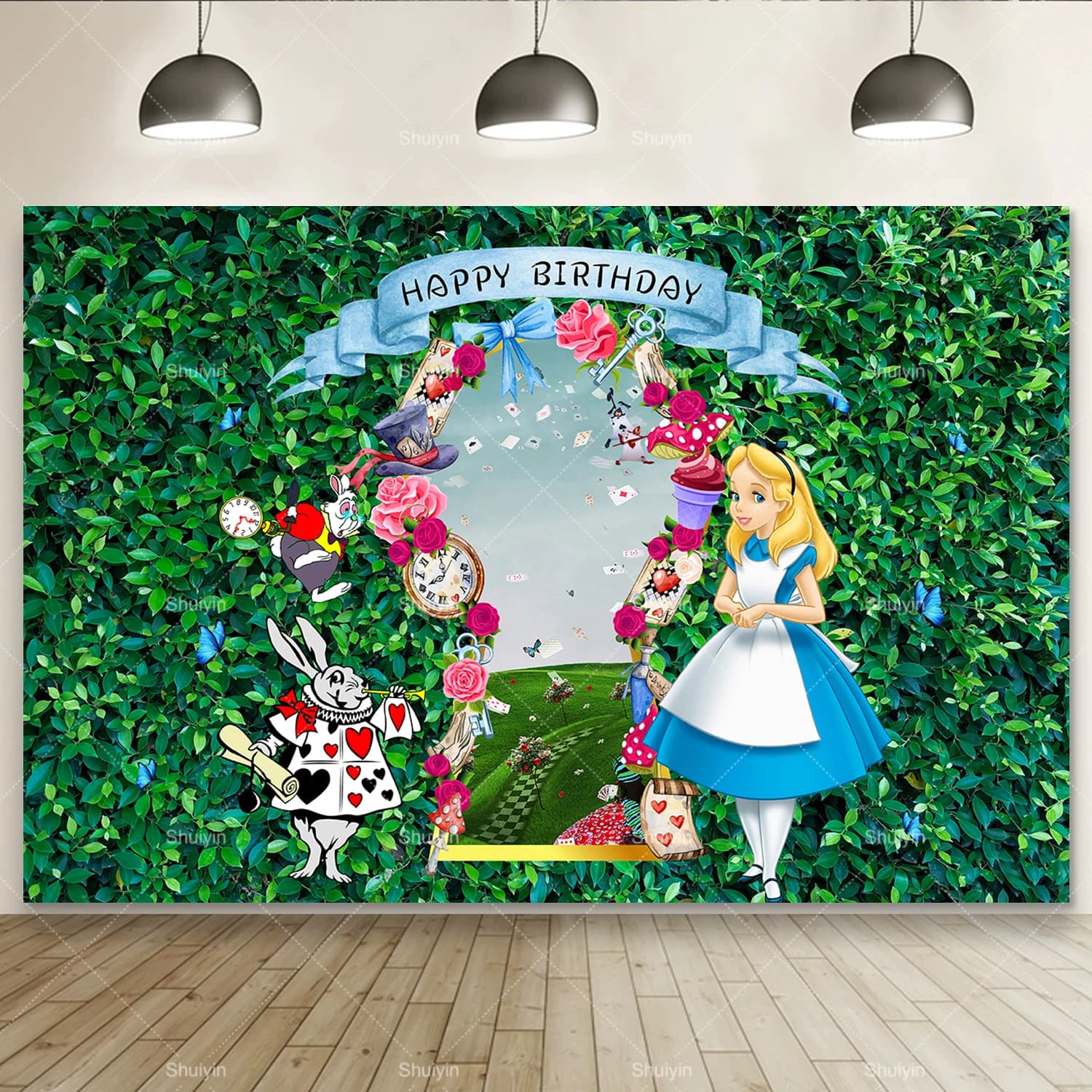 Toile de fond Alice au pays des merveilles pour fête d'anniversaire d'enfants, décor en vinyle, arri