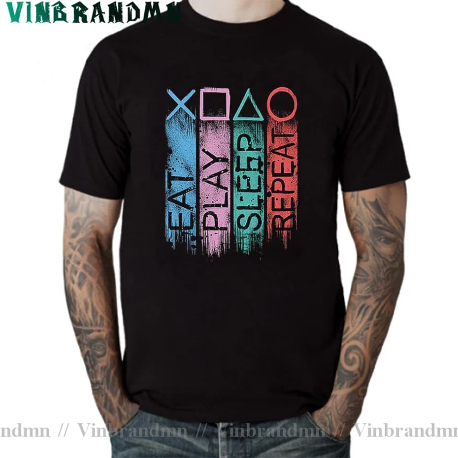 Gamer t-shirt Vintage jouer manger sommeil répéter t-shirt drôle PS4 PS5 jeu vidéo chemise pour homm