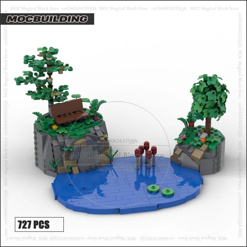 Décennie s de construction d'architecture de ville MOC, un banc sur un modèle d'affichage de lac, br