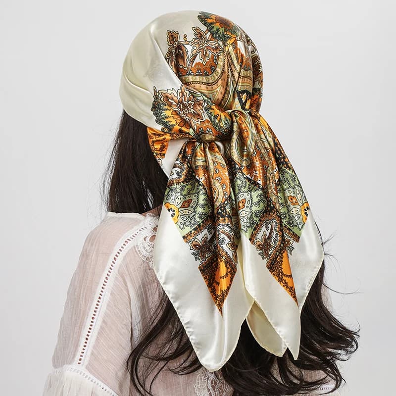 Foulard Carré en Soie de Luxe pour Femme 90x90cm, Imprimé Cachemire, Châle, Bandana en Satin, Hijab