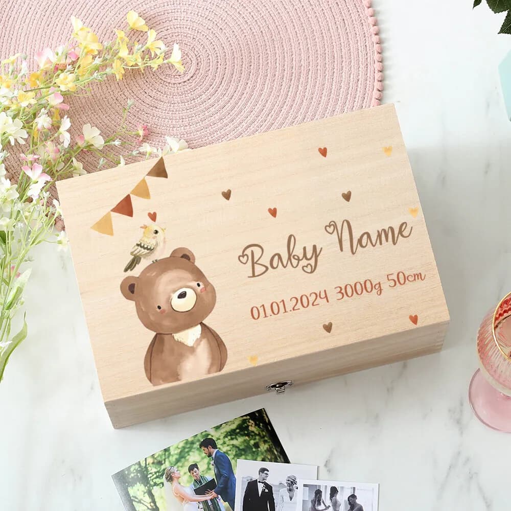 Boîte à mémoire personnalisée, animaux mignons avec nom, boîte à souvenirs en bois, idée cadeau pour
