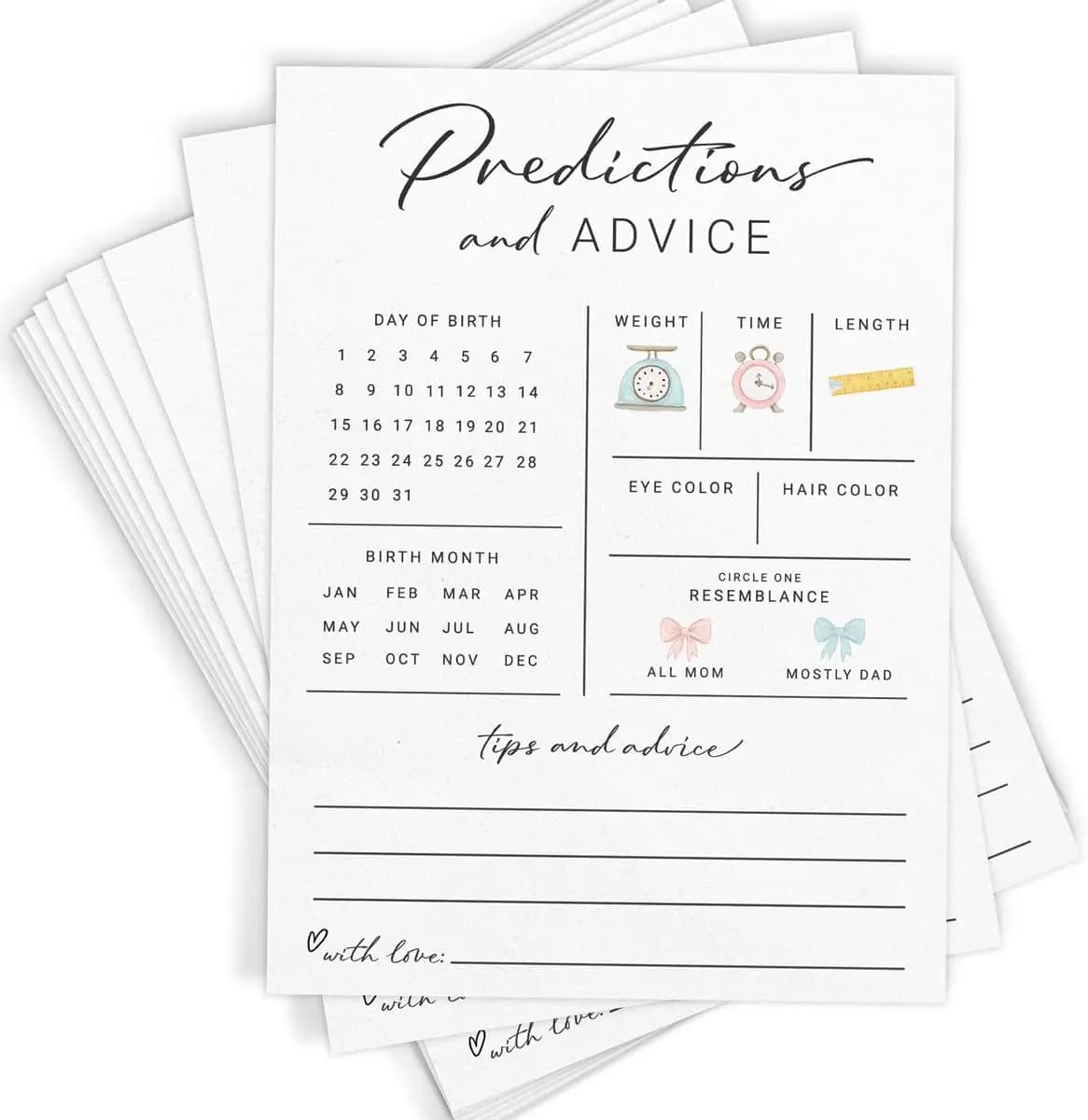 Cartes imprimées pour les prédictions et conseils sur le thème de la fête de bébé – Jeu de baby show