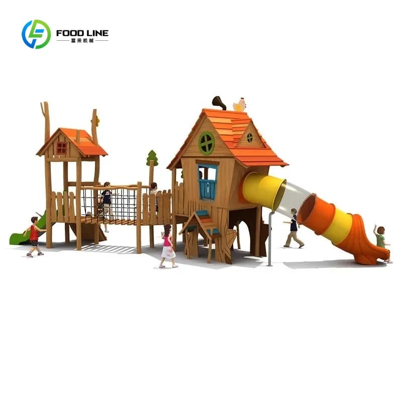 Grande structure de jeu extérieure en bois avec toboggan multiple et structure d'escalade pour enfan