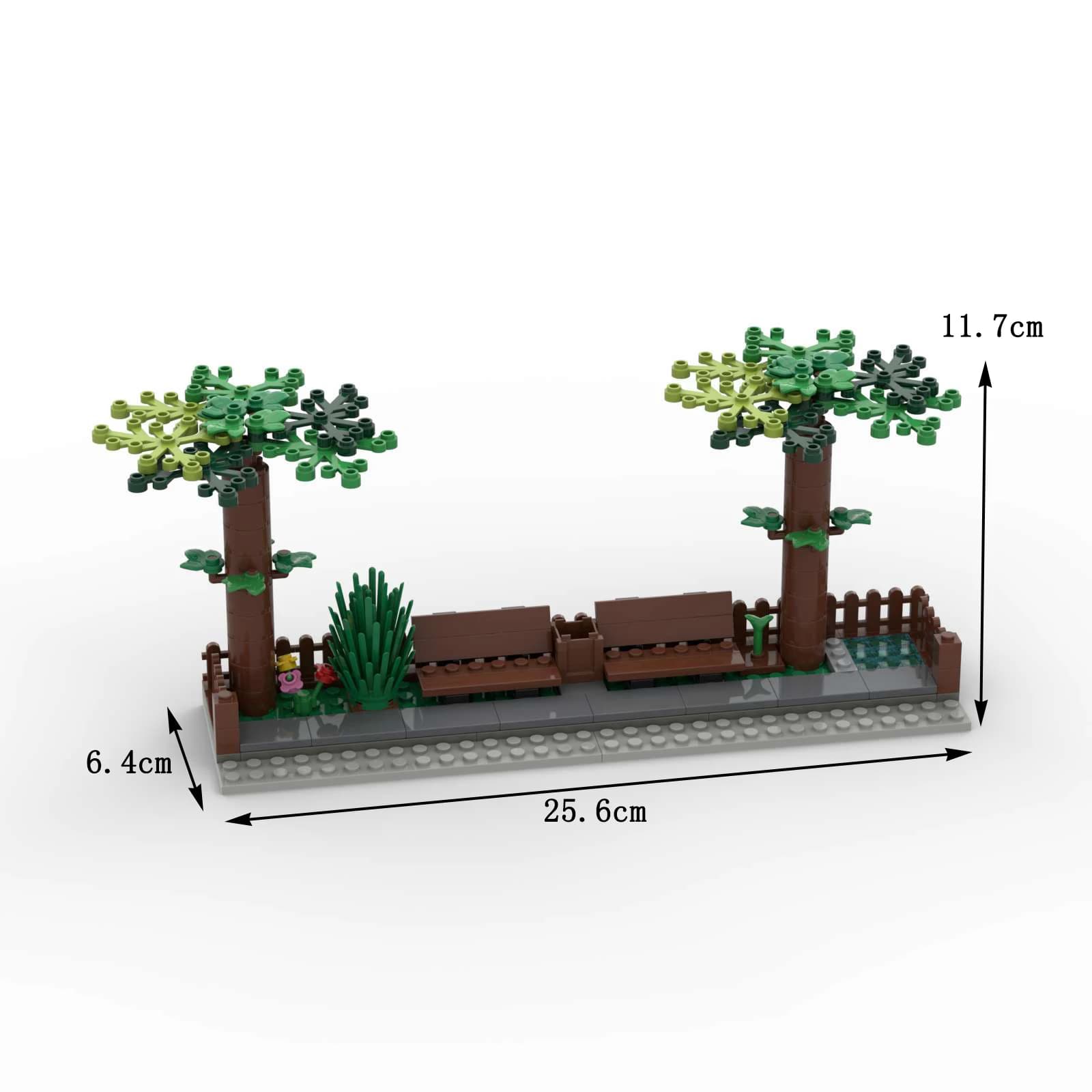 Modèle MOC, paysage de route urbaine, parc de vue sur la rue, une scène, banc d'arbre, briques de Co