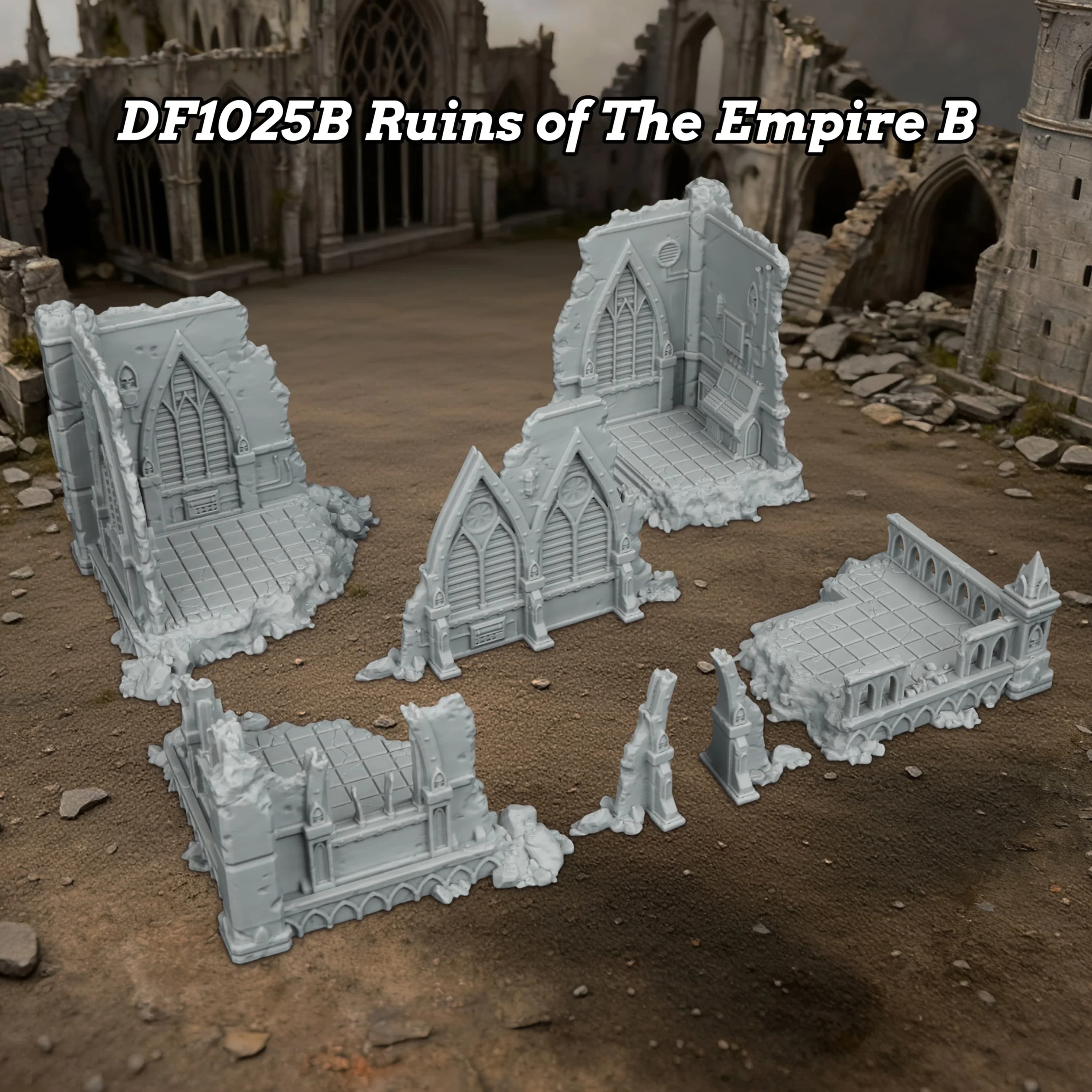 Ensemble de terrain miniature de ville ruineuse, style science-fiction fantastique |   Mur de ruines