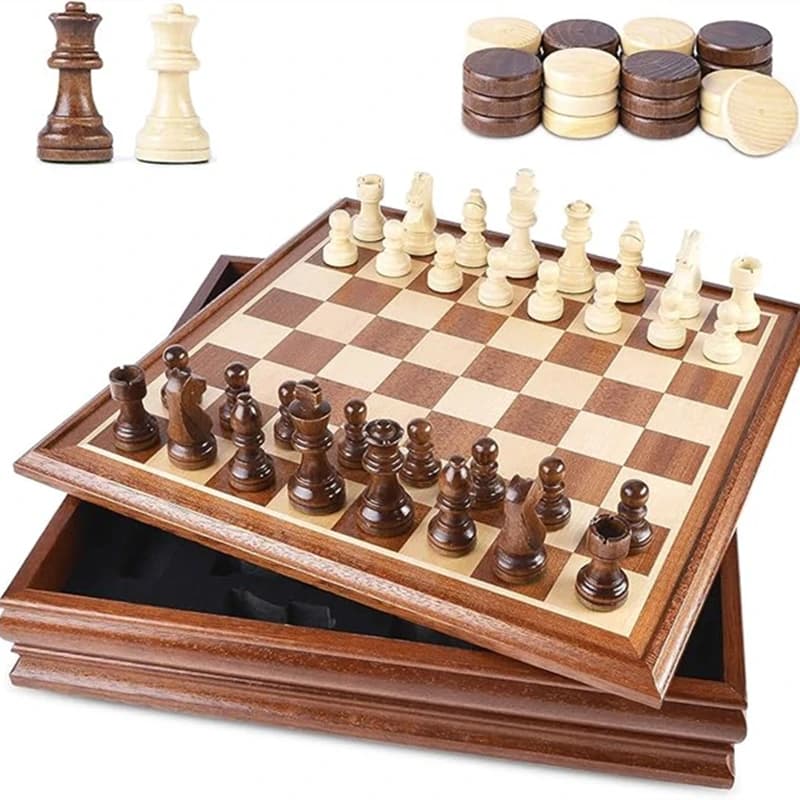 Boîte d'échecs et de dames de luxe en bois de 38 cm/15 pouces avec rangement pour 2 reines supplémen