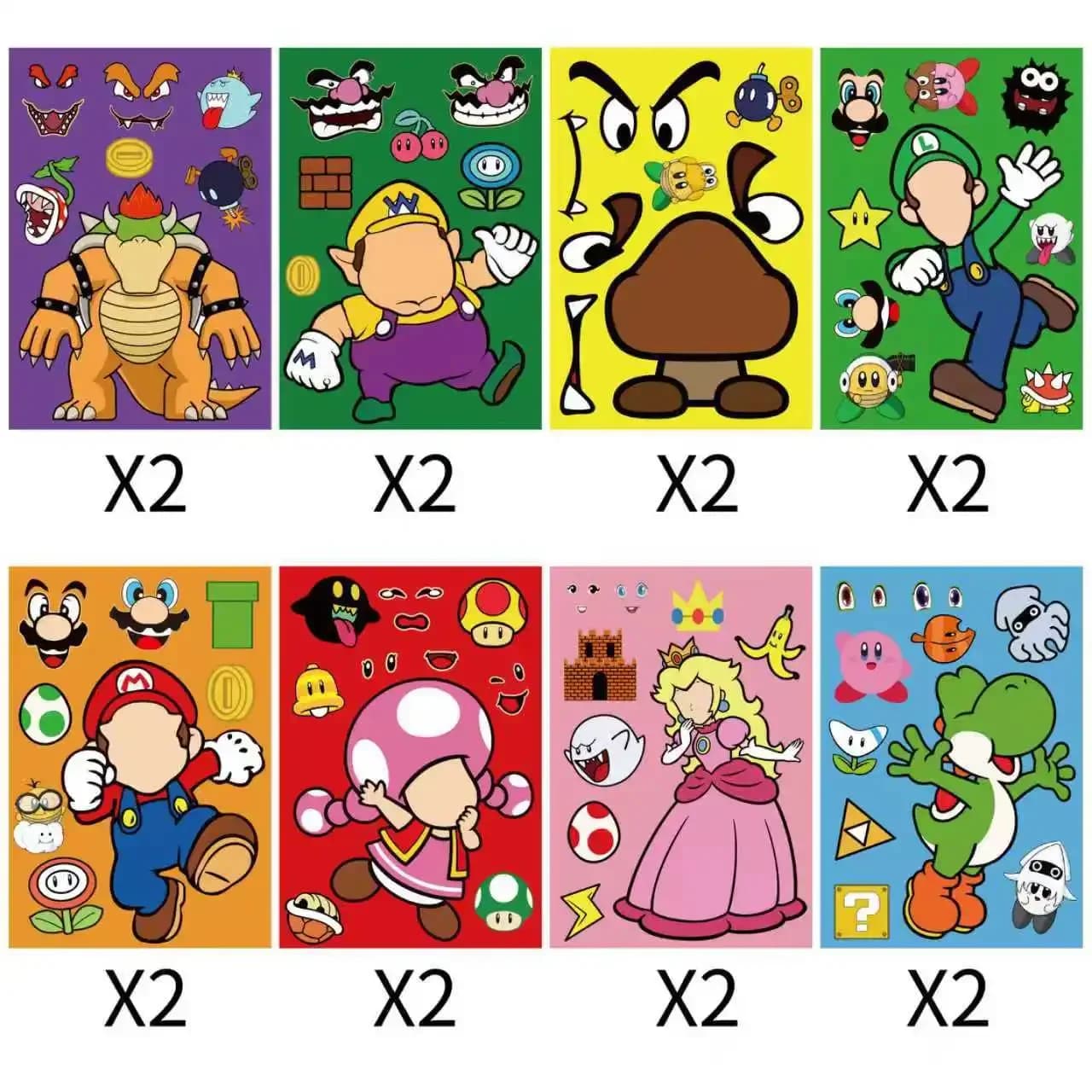 16 feuilles d'autocollants de jeu Mario, autocollants de puzzle de dessins animés, autocollants de p