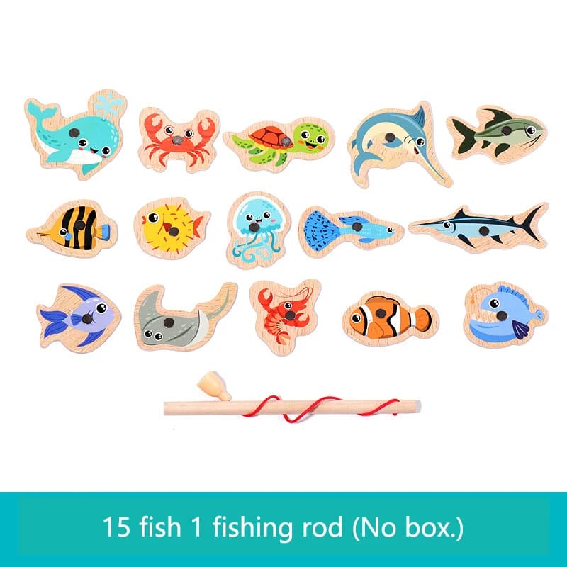 Jouets de pêche magnétiques en bois pour enfants, jeux de poissons cognitifs de la vie Marine, jouet