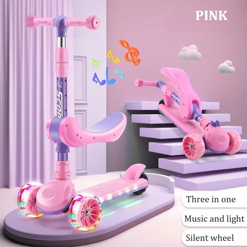 Trottinette 2 en 1 pour enfants avec roues éclairées par LED, hauteur réglable, pont large, 3 roues,