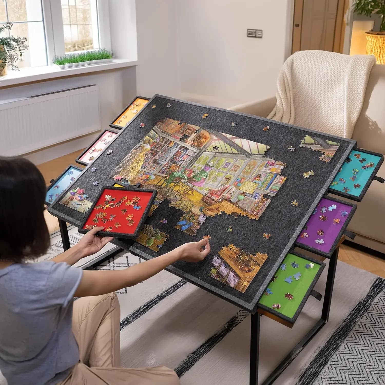 Table de puzzle inclinable et pliable de 2000 pièces avec 8 tiroirs colorés et couvercle, table de p