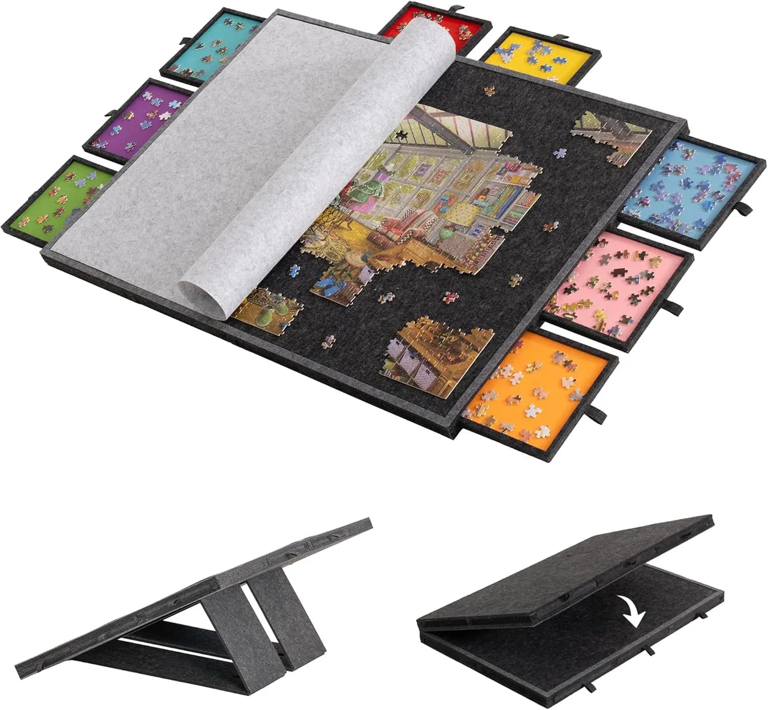 Table de puzzle inclinable et pliable de 2000 pièces avec 8 tiroirs colorés et couvercle, table de p
