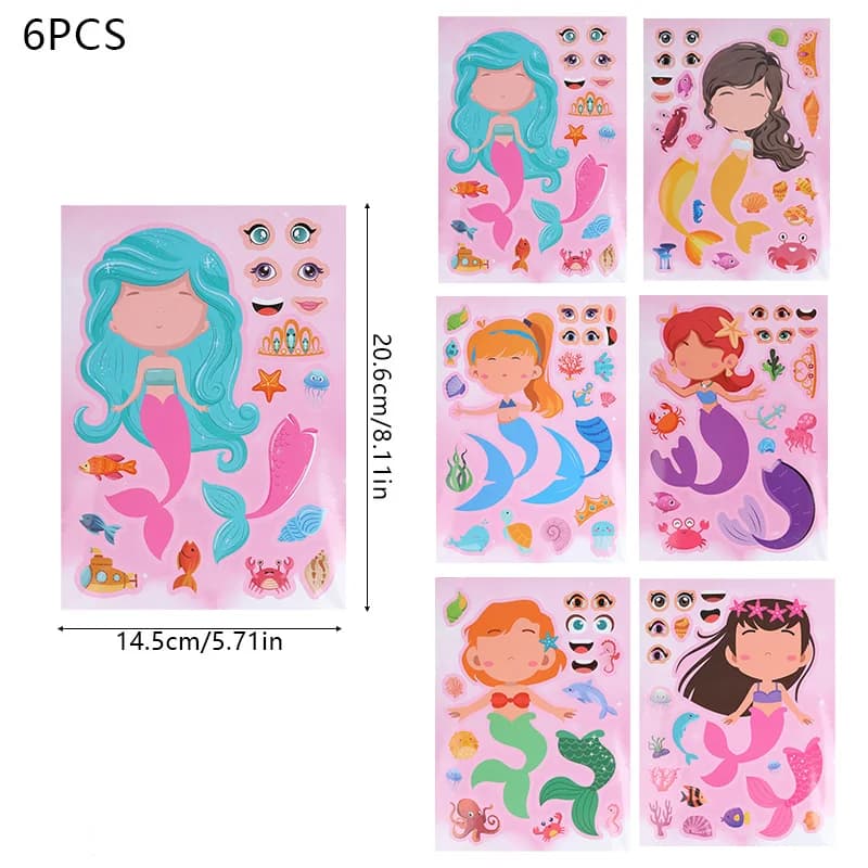 6 feuilles d'autocollants puzzle DIY La Petite Sirène, amusants pour créer des visages, idéaux pour 