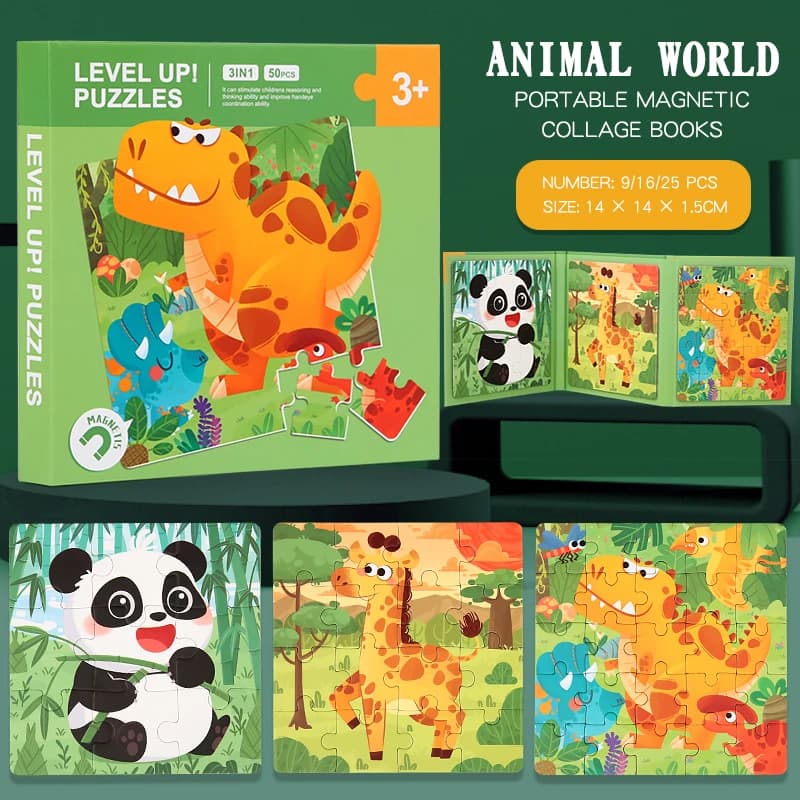Jeu de Puzzle Magnétique pour Enfant, Livre de Puzzle d'Animaux de Dessin Animé, Jouets Montessori p