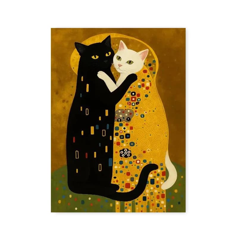 Gustav Klimt The Kiss Cat Parody Wall Art Black White Cat Canvas Print, Funny Feline Decor, Gold Abs