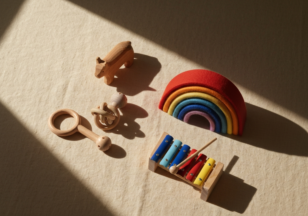Encore d'éveil : hochet en bois, stacker arc-en-ciel feutre, petit xylophone — composition éditoriale sur lin crème.