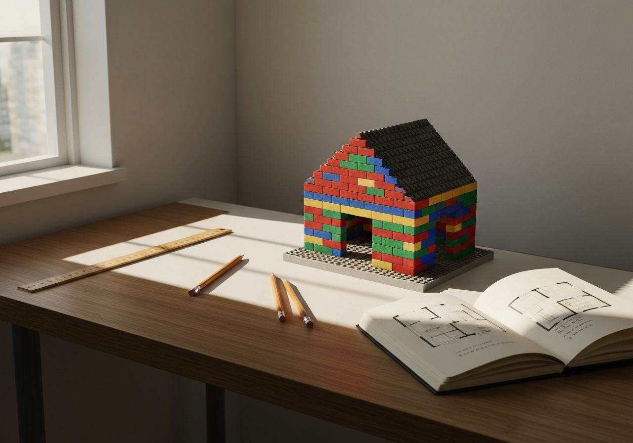 Petite maison en briques de construction multicolores en cours d'édification, carnet de croquis ouvert, lumière dorée.