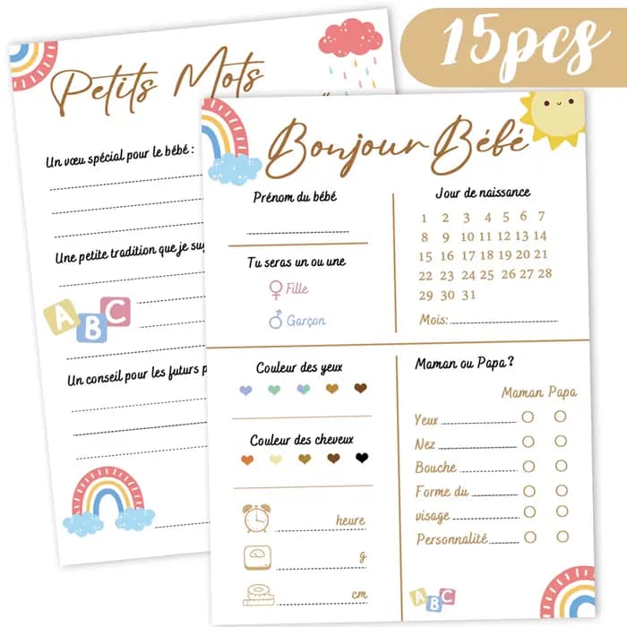 15 cartes de prédiction - Jeu de prédiction du genre de douche pour bébés - parfait pour le bain de