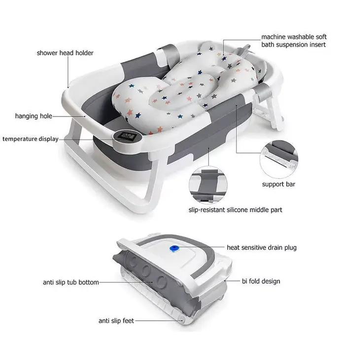 Baignoire pliable pour bébé avec capteur de température et coussin doux, en PP+TPR non toxique, bass