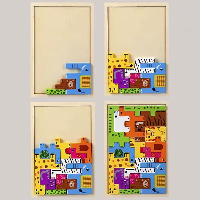 Puzzle en bois de transport de personnages animaux Montessori, blocs russes, animaux mignons, jouets