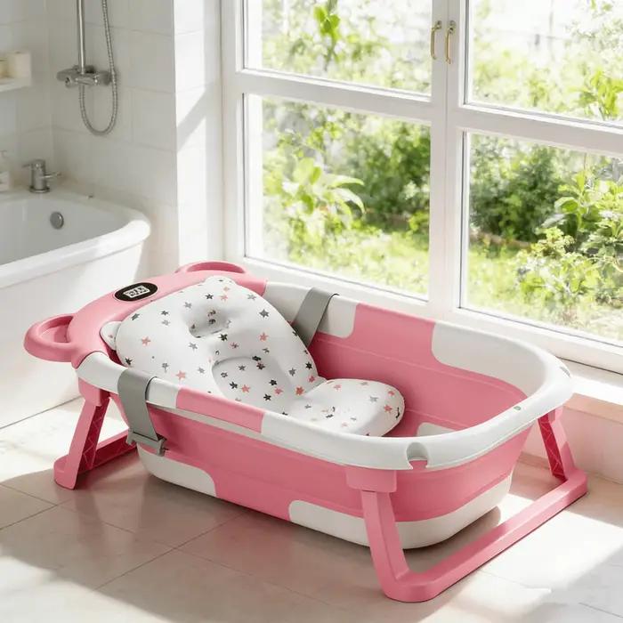 Baignoire pliable pour bébé, accessoires de bain avec thermomètre et tapis de bain, se plie sans eff
