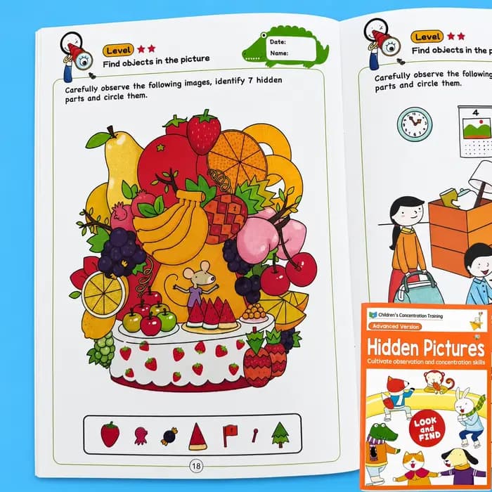 Livre de recherche d'images cachées 32 pages pour enfants – Entraînement à la concentration sur le t