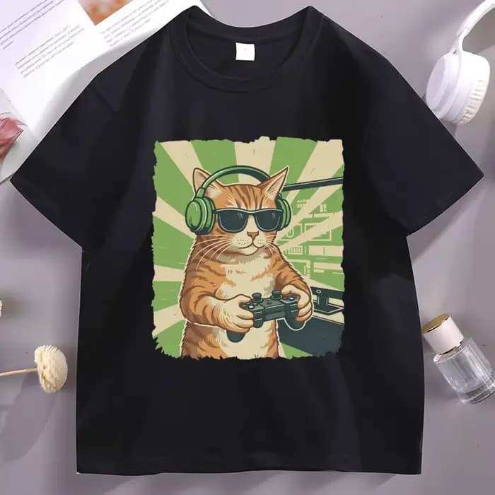 Gamer chat T-Shirt jeu vidéo chat T-Shirt drôle graphique T-Shirt chat papa à manches courtes T-Shir