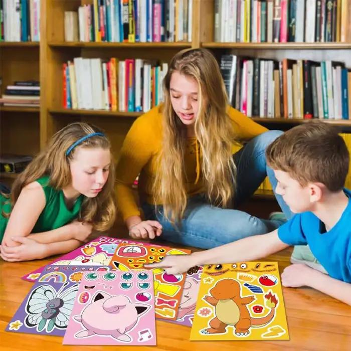 6/12 feuilles Pokemon enfants Puzzle Anime autocollants faire un visage assembler drôle dessin animé