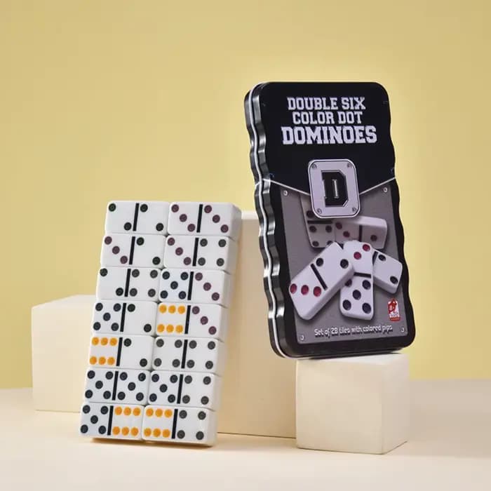 Dominos Double Six, jeu de dominos avec 28 tuiles à points colorés, boîte en métal, jeux de société