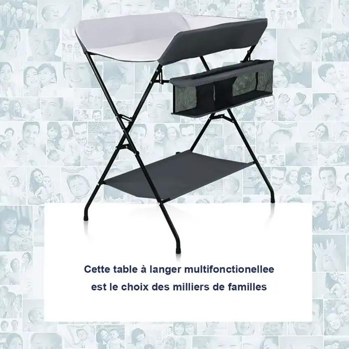 Table à Langer (Avec Panier de Rangement + Etagères) Gris/Noir
