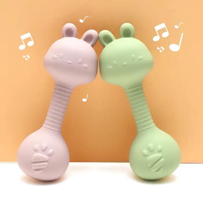 Anneau de dentition hochet en silicone pour bébé lapin de qualité alimentaire – Forme d'haltère pour