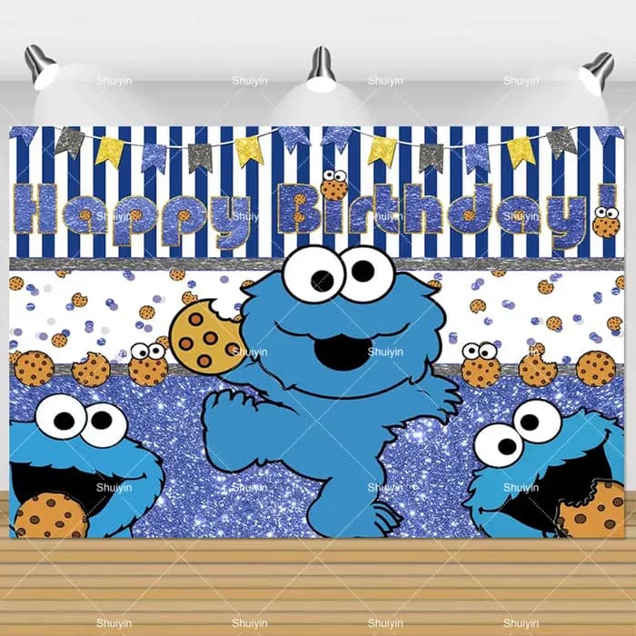 Décor de fond de fête d'anniversaire pour enfants, motif biscuit monstre de dessin animé, fourniture
