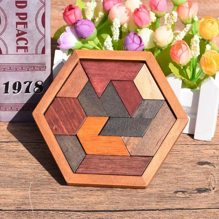 Puzzle Tangram hexagonal classique, casse Tete Rompecabezas De Madera pour enfants, jeux De réflexio