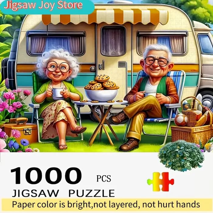 Puzzle vintage de mille pièces sur le thème du camping, mettant en scène les grands-parents, présent