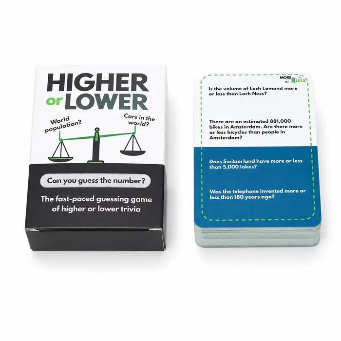 100 cartes de jeu de questions-réponses « Plus haut ou plus bas », jeu de devinettes rapide avec car