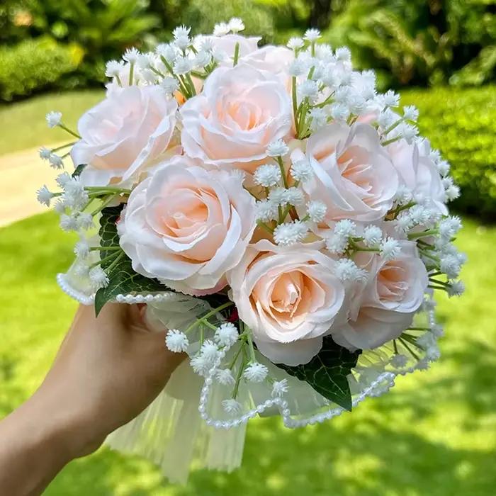 Bouquets de mariage pour mariée Babysbreath Rose Bouquets de demoiselle d'honneur ruban de soie déco