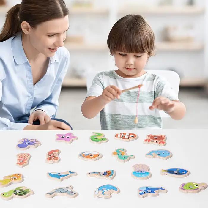 Jouets de pêche magnétiques en bois Montessori, jeux de poissons cognitifs de la vie Marine, jouet é