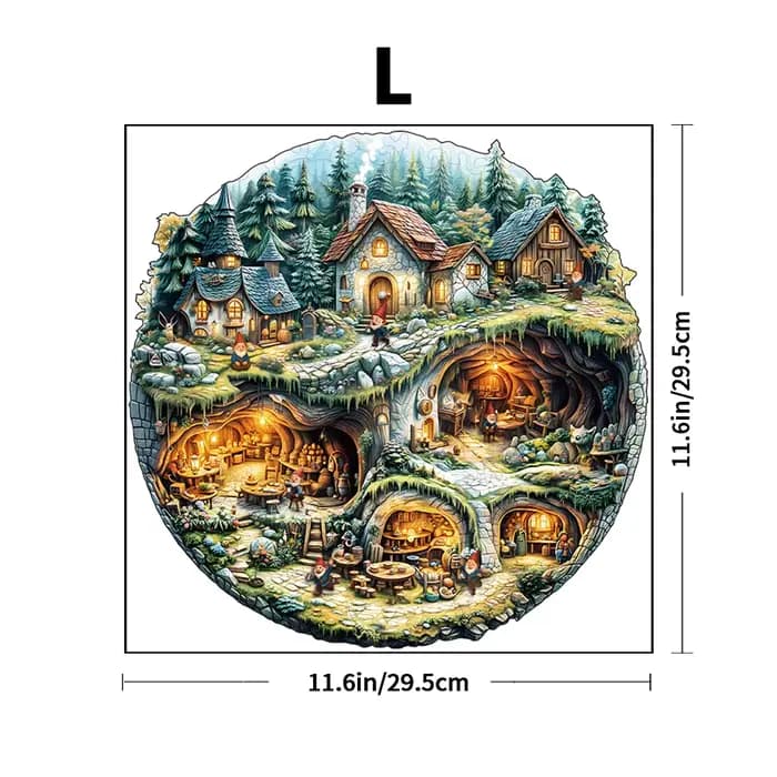 Puzzle rond en bois – Village de gnome de forêt de conte de fées avec pièces uniques en forme d'anim